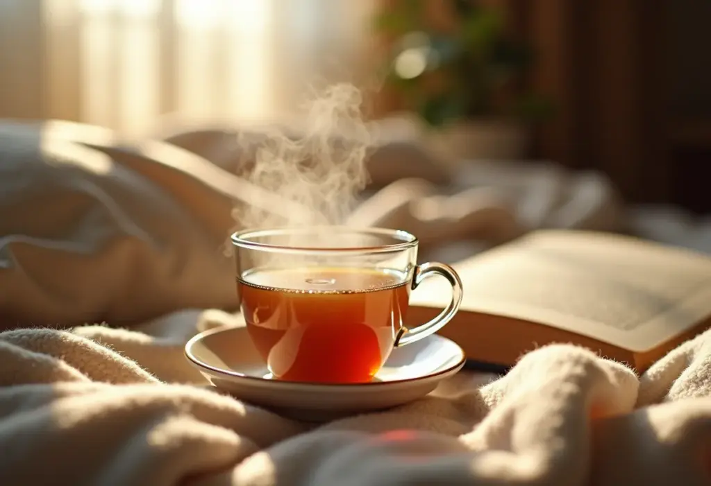 Xícara fumegante de chá de camomila com mel em uma mesa de cabeceira aconchegante.
