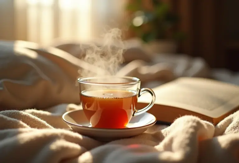 Xícara fumegante de chá de camomila com mel em uma mesa de cabeceira aconchegante.