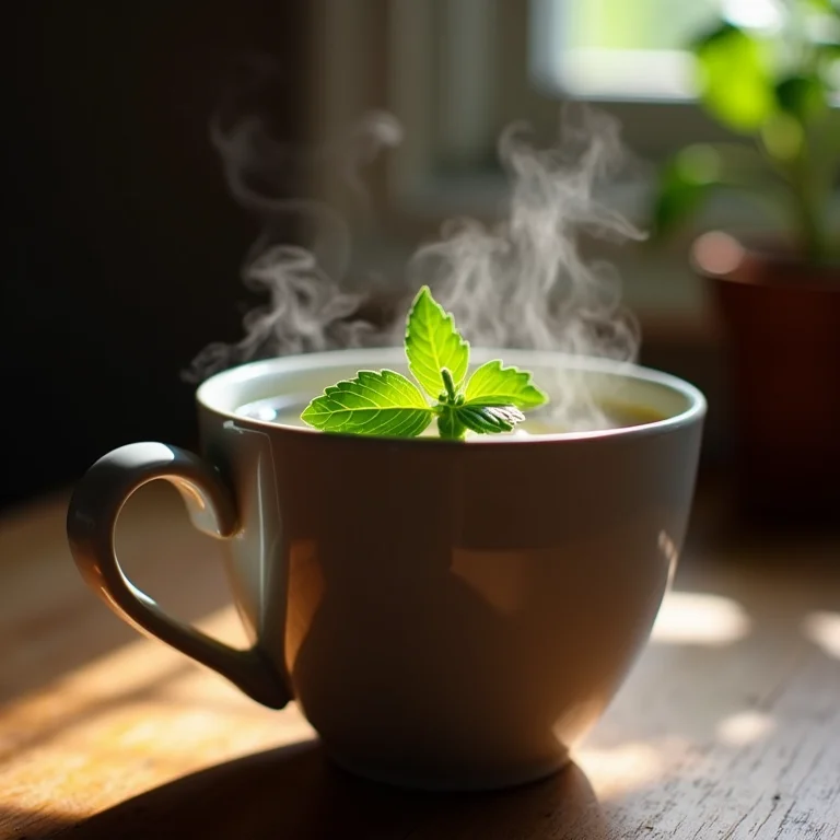 Xícara fumegante de chá de catnip com folhas flutuando