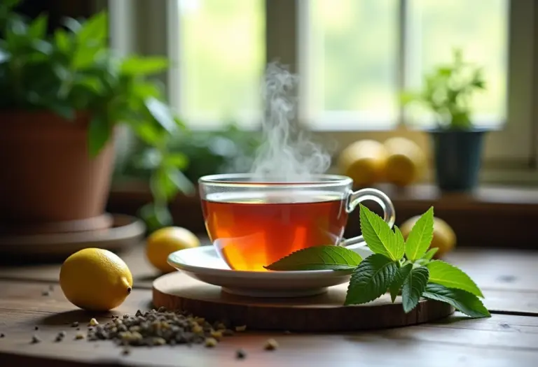 Xícara fumegante de chá de erva cidreira com folhas frescas e ervas secas ao redor.