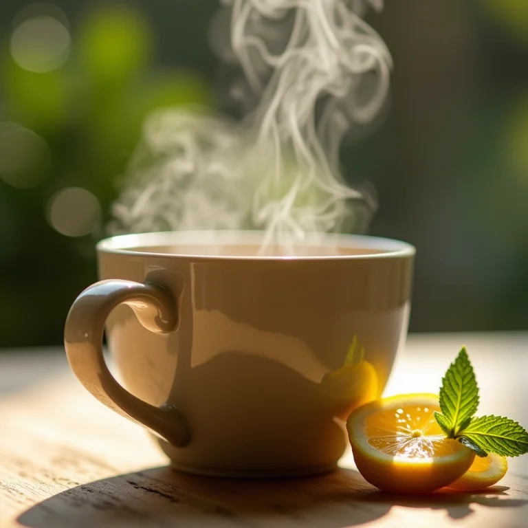 Xícara fumegante de chá de gengibre, limão e hortelã