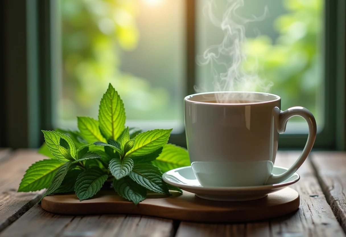 Xícara fumegante de chá de hortelã com folhas frescas ao lado