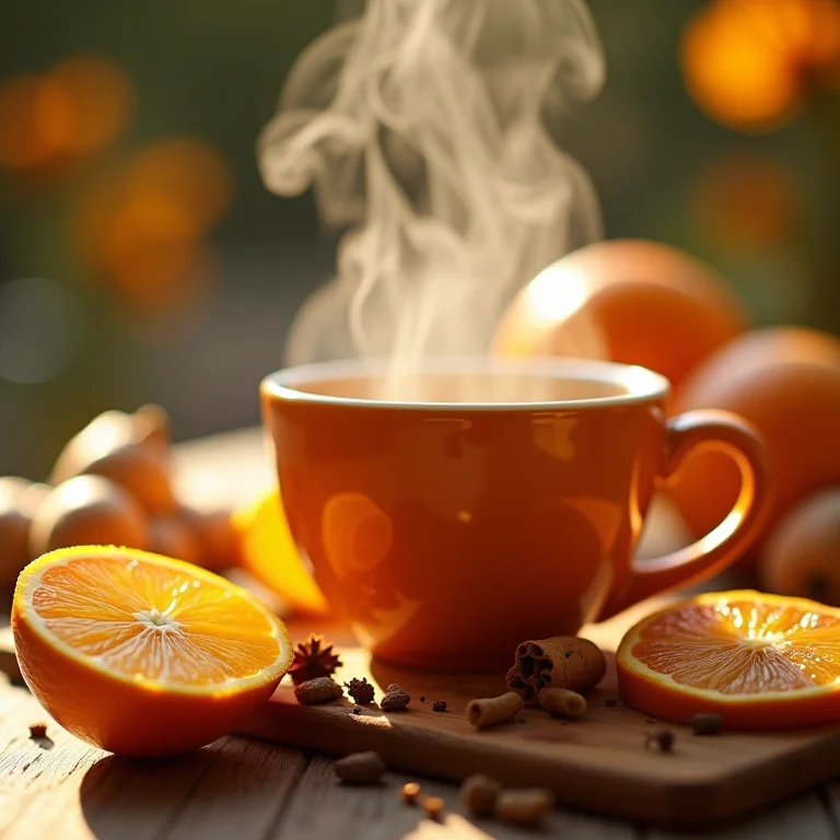 Xícara fumegante de chá de laranja, gengibre e canela