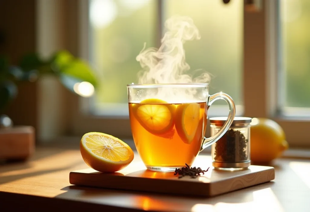 Chá de Limão: O segredo para turbinar sua imunidade no inverno Xícara fumegante de chá de limão com ingredientes ao redor