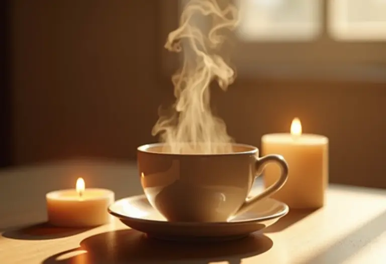 Xícara fumegante de chá de marcela, transmitindo calma e relaxamento.