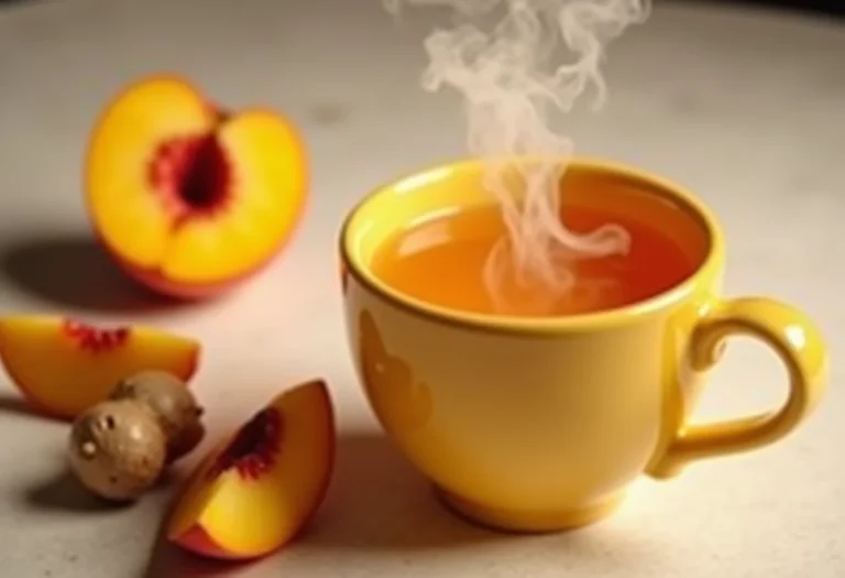 Xícara fumegante de chá de pêssego com gengibre, pêssegos fatiados e raiz de gengibre ao redor.