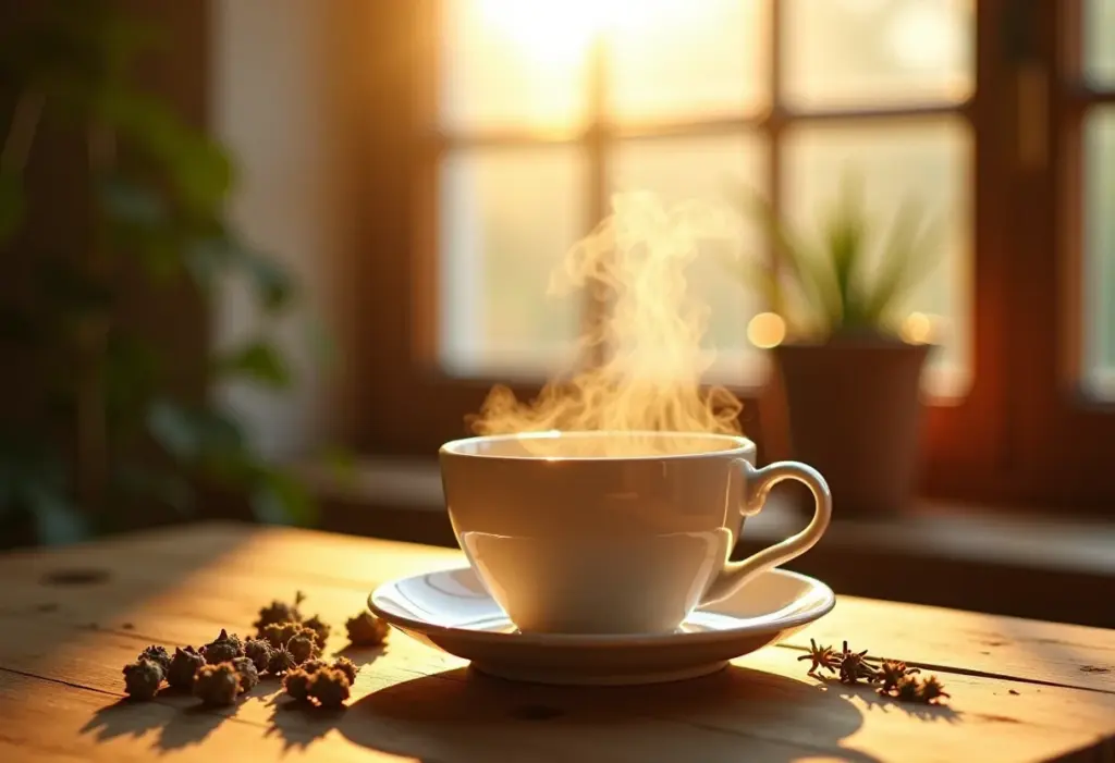 Xícara fumegante de chá de poejo em mesa rústica