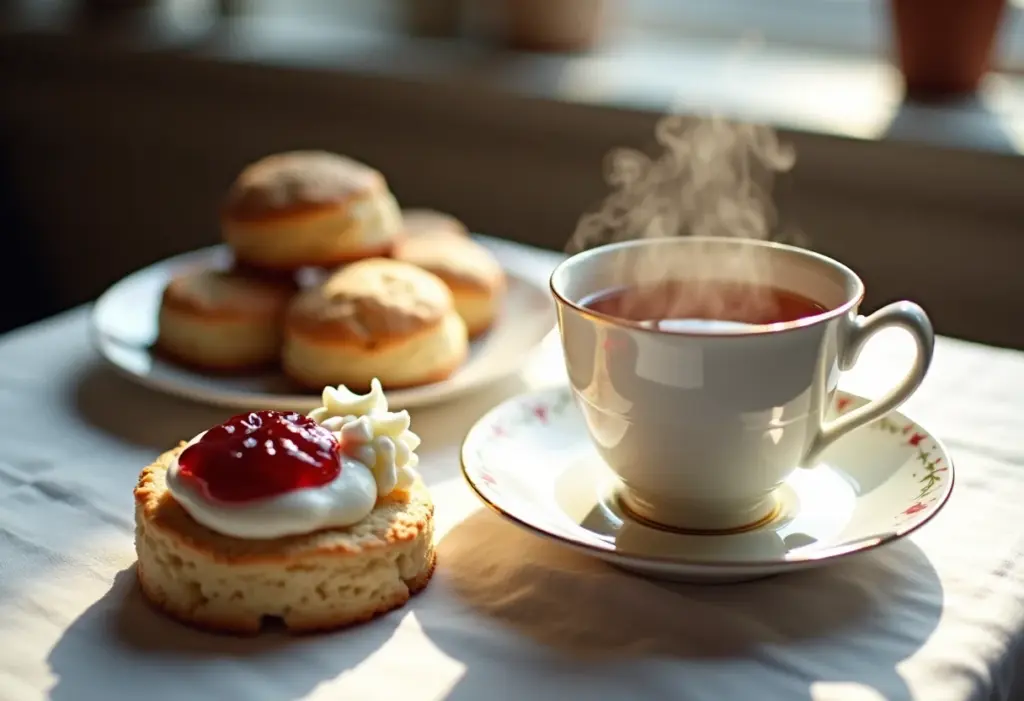 Xícara fumegante de chá preto com leite e doces.