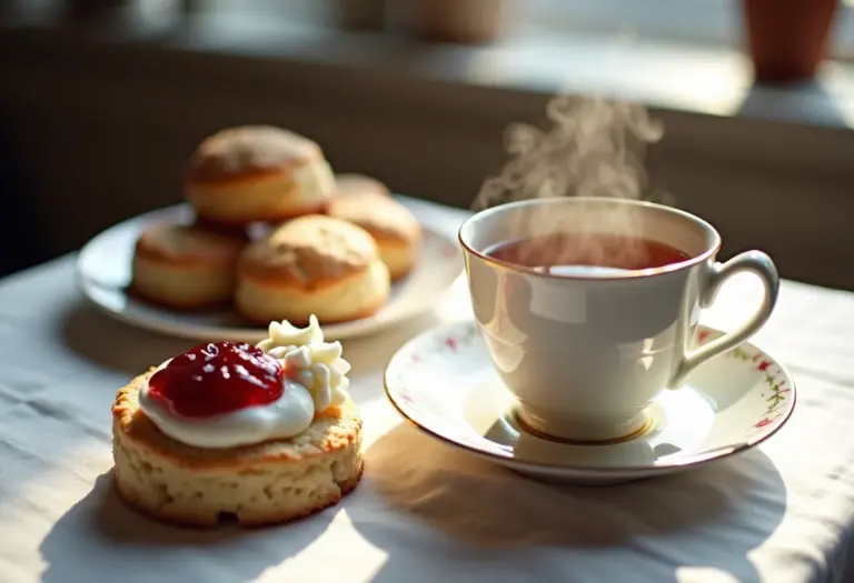 Xícara fumegante de chá preto com leite e doces.