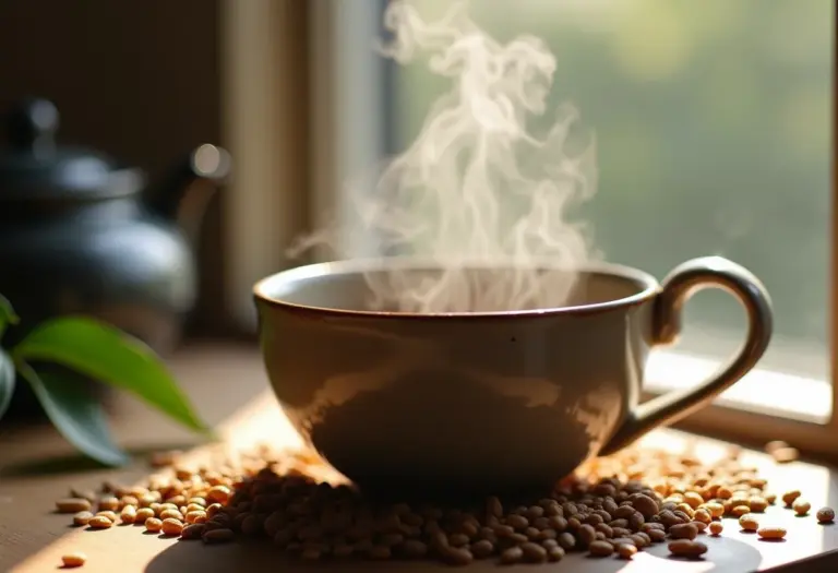 Xícara fumegante de chá verde Genmaicha com arroz torrado