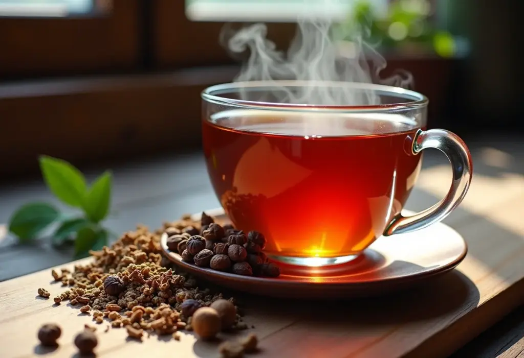 Xícara fumegante de infusão forte com especiarias ao redor.