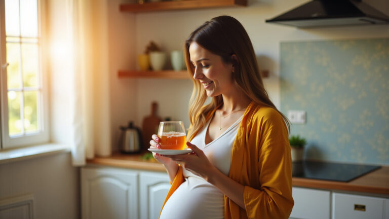 Grávida sorrindo com xícara de chá de casca de abacaxi.