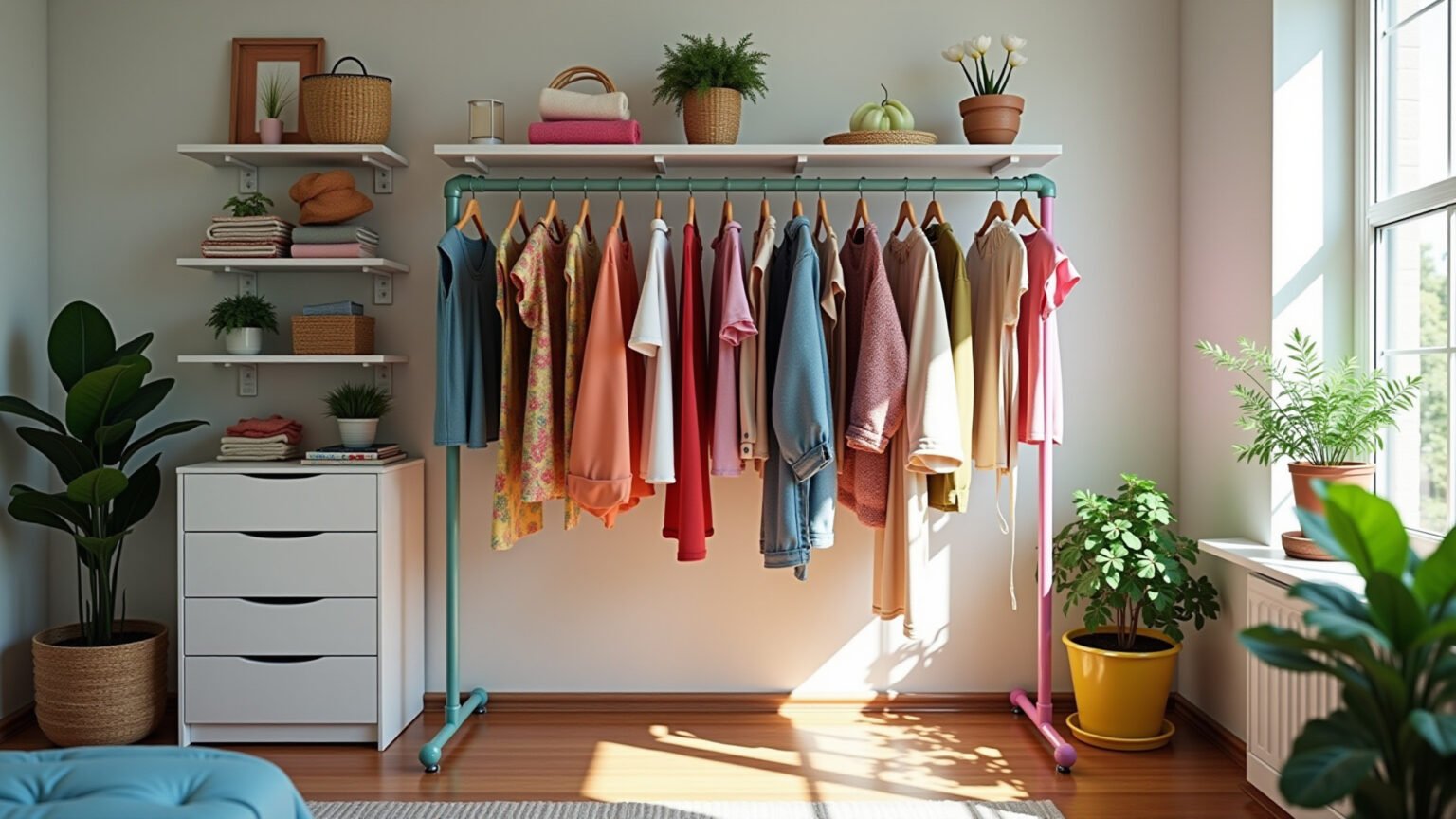 Mancebo de cano PVC colorido e estiloso organizando roupas em closet brasileiro.