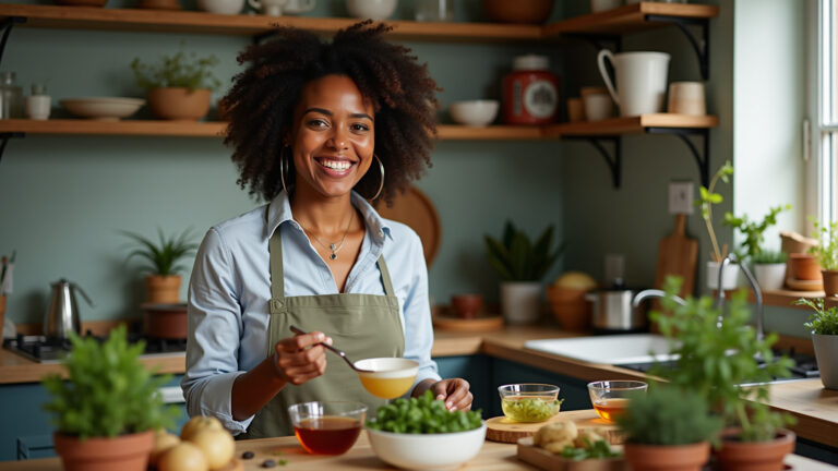 Mulher brasileira preparando chá de cavalinha orgânico.