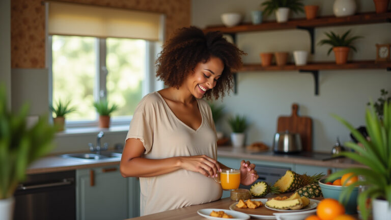 Gestante brasileira preparando chá de abacaxi com canela.