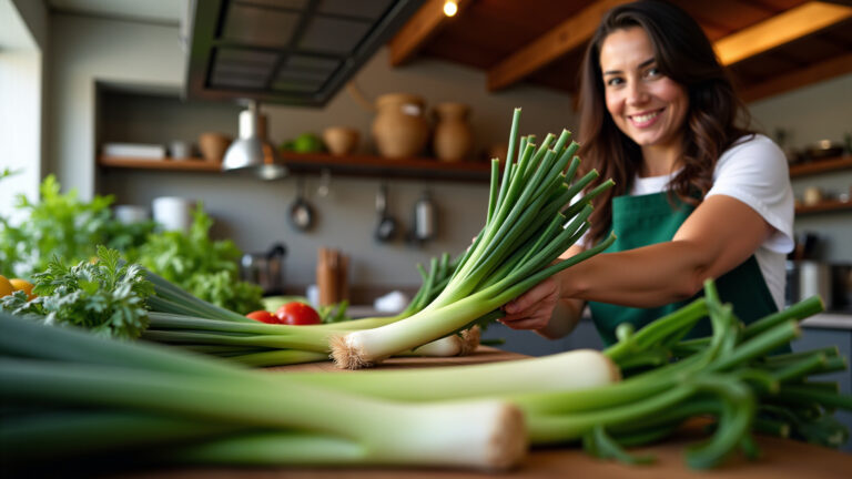 Alho-poró fresco sendo preparado em cozinha brasileira.