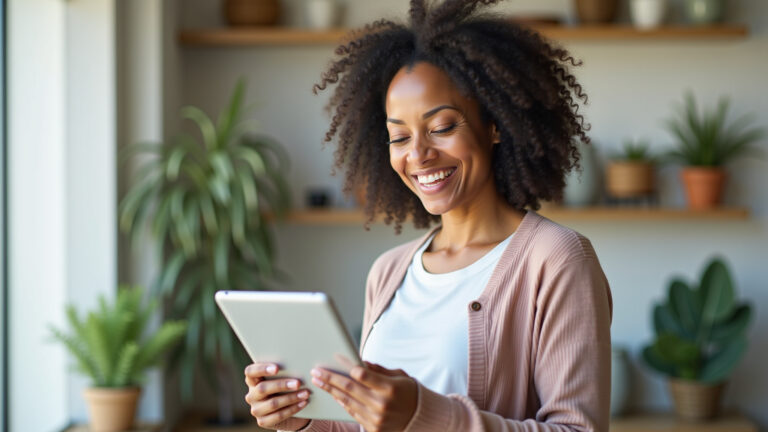 Mulher sorrindo analisa opções de planos de saúde em tablet.