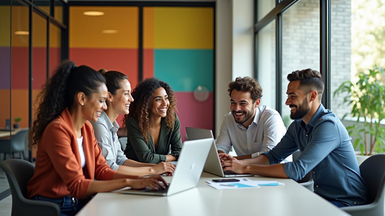 Equipe de marketing digital diversificada e sorridente trabalhando em escritório vibrante.