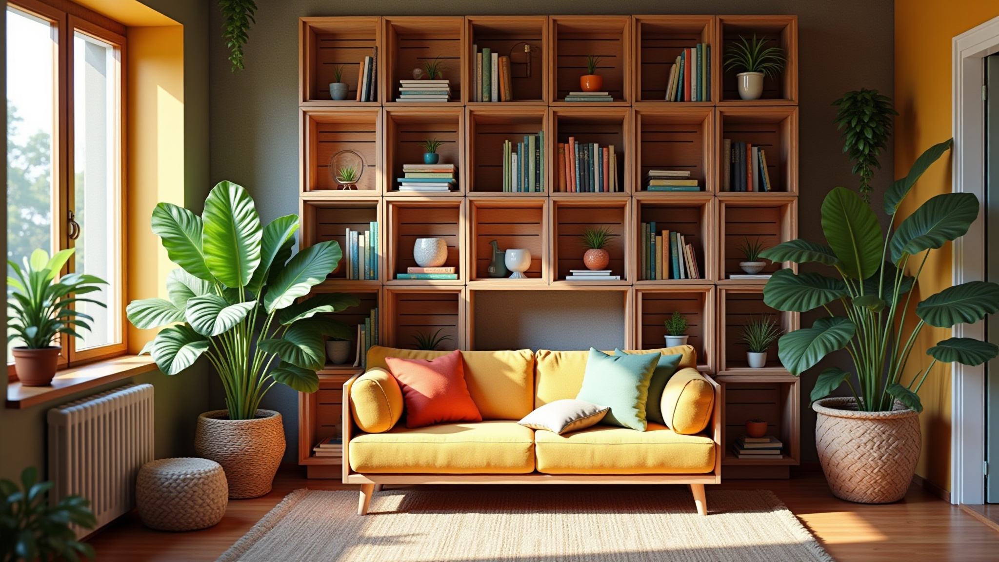 Estante de caixotes colorida e charmosa em sala de estar brasileira.